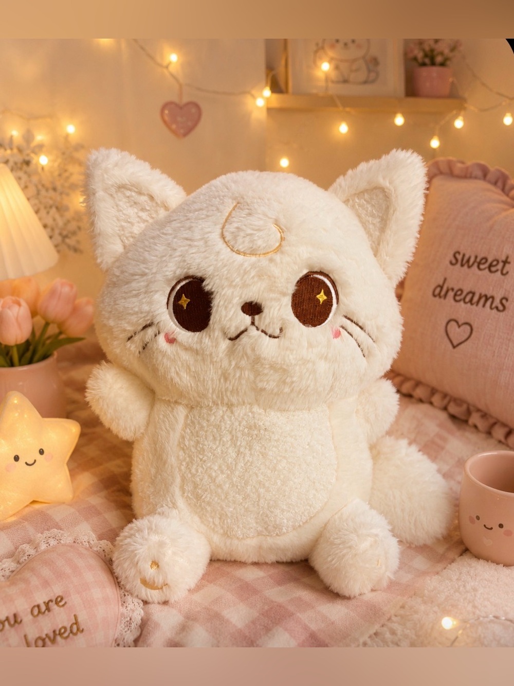 🐈 Plush Cream Cat Stuffed Animal with Crescent Detail 🐈